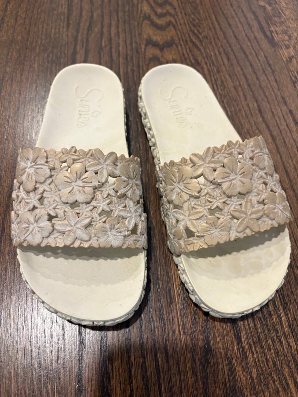 Sunies Slide Sandals Cream Floral Shoes Size 6.5